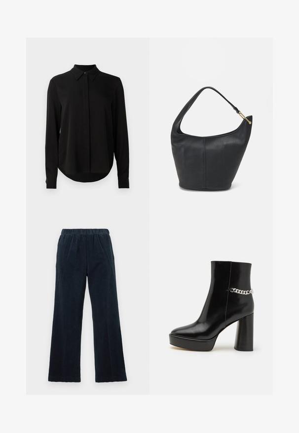 Zwarte blouse met lange mouwen, spitse kraag, verborgen knoopsluiting en afgeronde zoom tegen een eenvoudige witte achtergrond.; Marineblauwe corduroy broek met een wijde pijp, elastische tailleband en verticale ribbelstructuur. Heeft zijzakken en een rechte zoom.; Zwarte gepoetste leren enkelboot met een chunky plateau en hoge blokhak. Kenmerkt zich door een zilveren kettingaccent aan de zijkant. Glad textuur.; Zwarte leren handtas met een ronde vorm, een brede schouderriem en een gestructureerde afwerking. Bevat subtiele naaddetails en een gouden hardwareaccent.