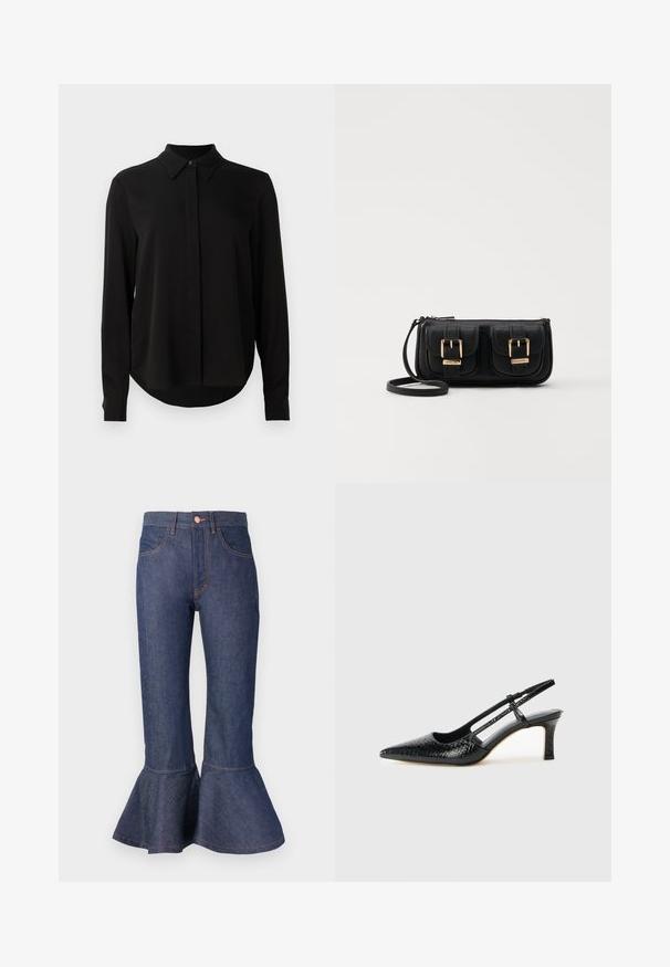 Black long-sleeve blouse with pointed collar, concealed button placket, and curved hem against a plain white background.; Dark blue denim flared jeans with a ruffled hem, five pockets, and contrast orange stitching. Mid-rise waistband with a front button closure.; Black patent slingback heel with a pointed toe, featuring textured snake print, adjustable strap, and a short, textured block heel.; Black leather crossbody bag with two front pockets, gold buckles, zipper closure, and a slim strap. Textured surface and compact rectangular shape.