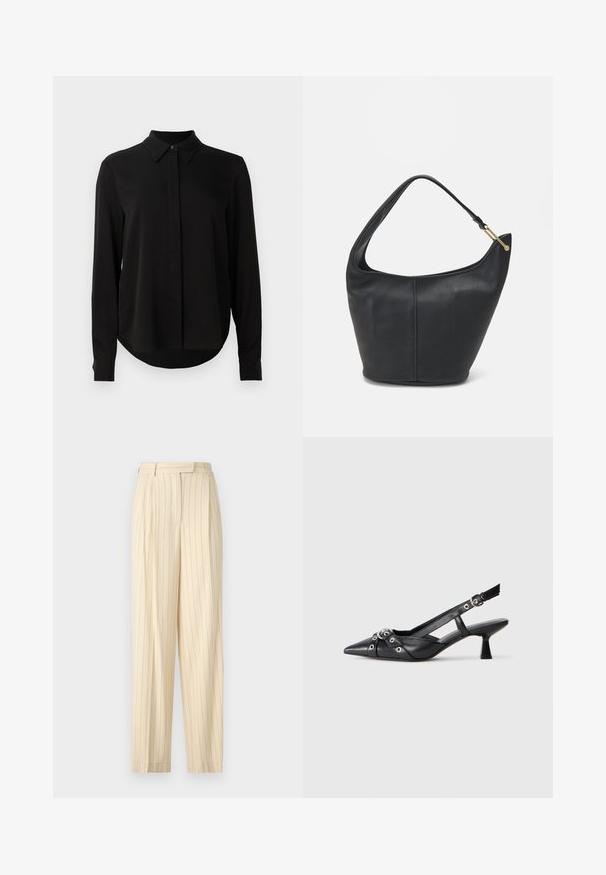 Black long-sleeve blouse with pointed collar, concealed button placket, and curved hem against a plain white background.; Beige pinstripe trousers with a high waist, featuring pleats and a straight-leg design. Made from a smooth fabric with a tailored finish.; Black leather slingback shoe with a pointed toe, decorative straps featuring metal eyelets, and a low block heel. Textured surface.; Black leather handbag with a rounded shape, a wide strap, and a textured finish. Features a subtle seam detail and a gold-tone hardware accent.