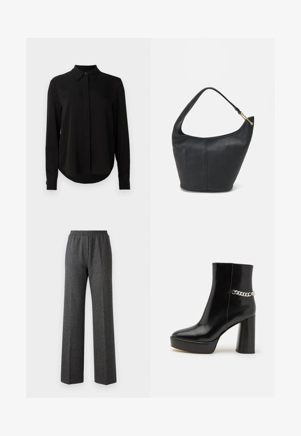 Crna bluzica dugih rukava s oštrim ovratnikom, skrivenim kopčanjem i zakrivljenim rubom na jednoj bijeloj pozadini.; Sive široke hlače teksturiranog izgleda s elastičnim strukom, ukrašene suptilnim uzorkom riblje kosti. Mekani materijal s opuštenim krojem.; Crne lakirane kožne gležnjače s debelim platformom i visokim blok štiklom. Imaju srebrni lanac kao detalj sa strane. Glatka tekstura.; Crna kožna torba za ruke s zaobljenim oblikom, širokim remenom i teksturiranim završetkom. Sadrži suptilan detalj šava i zlatnu metalnu akcentu.