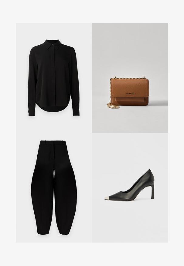 Schwarze Bluse mit langen Ärmeln, spitzem Kragen, verdeckter Knopfleiste und abgerundetem Saum vor einem schlichten weißen Hintergrund.; Schwarze weit geschnittene Hose mit hoher Taille, gefaltetem Vorderteil und schmal zulaufenden Knöcheln. Hergestellt aus glattem Stoff mit matter Oberfläche.; Schwarzer Lederschuh mit hohem Absatz, spitz zulaufender Zehenpartie und metallischer silberner Spitze. Verfügt über eine glatte Oberfläche und einen schlanken 10 cm hohen Absatz.; Braune strukturierte Ledertasche mit goldener Kettenriemen und Klappenverschluss. Die Vorderseite zeigt ein Logo-Detail und eine Tasche unter der Klappe.