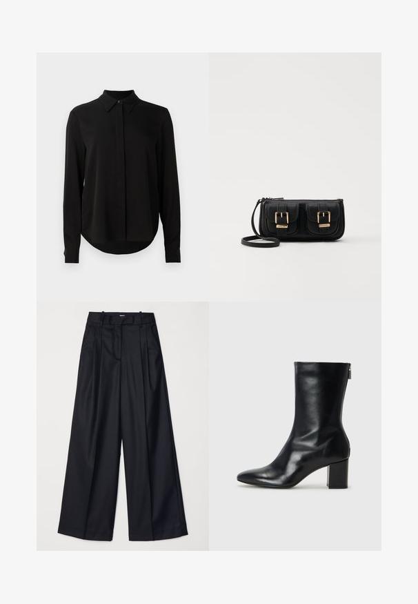 Melna garo piedurkņu blūze ar norādītu apkakli, slēptu pogu aizdari un izliekta apakšmala uz vienkārša balta fona.; Melnas platas kājas bikses no gludas auduma, ar augstu jostasvietu, krokām un pielāgotu dizainu. Vienkārša melna aparatūra jostasvietā.; Melna ādas potītes zābaks ar norādītu purngalu un 4 cm bloku papēdi. Gluds dizains ar sānu rāvējslēdzēju vieglai uzvilkšanai. Gluda tekstūra.; Melnas ādas crossbody soma ar divām priekšējām kabatām, zelta sprādzēm, ar rāvējslēdzēju aizdari un šauru siksnu. Strukturēta virsma un kompakta taisnstūra forma.