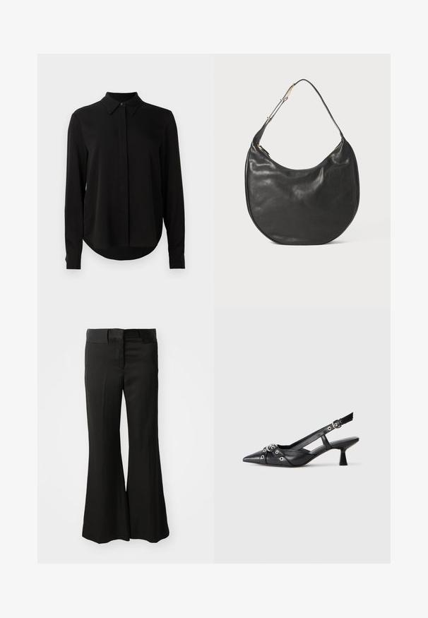 Bluză lungă neagră cu mâneci lungi, guler ascuțit, placket cu nasturi ascunși și tiv curbat pe un fundal alb simplu.; Pantaloni negri evazați, realizați dintr-un material neted, având un tiv de înălțime medie și un design curat, croit, fără embellisment vizibil.; Pantofii slingback din piele neagră, cu vârful ascuțit, curele decorative cu ochiuri din metal și toc bloc mic. Suprafață texturată.; Geantă hobo din piele neagră, cu o textură netedă, în formă de semilună și un curea ajustabilă. Prezintă un fermoar de culoare aurie și un design minimal.