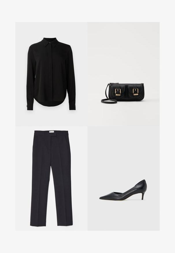 Svart langermet bluse med spiss krage, skjult knappestang og buet kant mot en enkel hvit bakgrunn.; Tiger of Sweden Chinos - charcoal; Sort lærpumps med spiss tupp og lav hæl. Har en jevn tekstur og subtil glans. Åpen utskjæring foran for ekstra detalj.; Svart skinn crossbody veske med to frontlommer, gyldne spenner, glidelåslukking og en slank stropp. Teksturert overflate og kompakt rektangulær form.