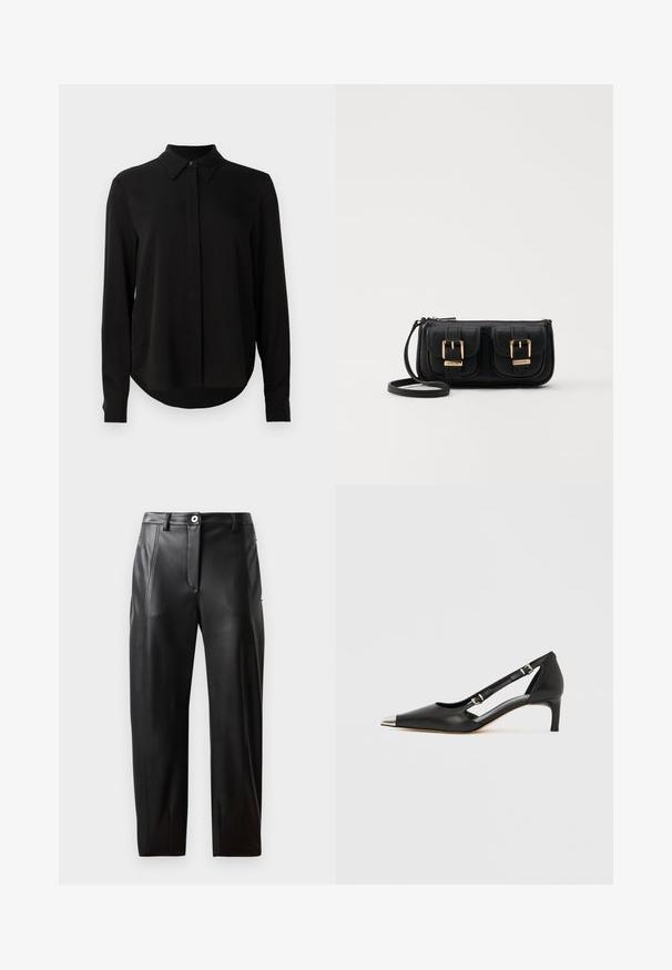 Bluză lungă neagră cu mâneci lungi, guler ascuțit, placket cu nasturi ascunși și tiv curbat pe un fundal alb simplu.; Pantaloni din piele neagră cu o textură netedă, având buzunare frontale, fermoar și un design ajustat. Detalii subtile de cusături pe laterale.; Pantof de damă din piele neagră cu toc kitten, vârf ascuțit argintiu și două curele cu cataramă, pe fundal alb.; Geantă neagră din piele, tip crossbody, cu două buzunare frontale, catarame aurii, închidere cu fermoar și o curea subțire. Suprafață texturată și formă rectangulară compactă.
