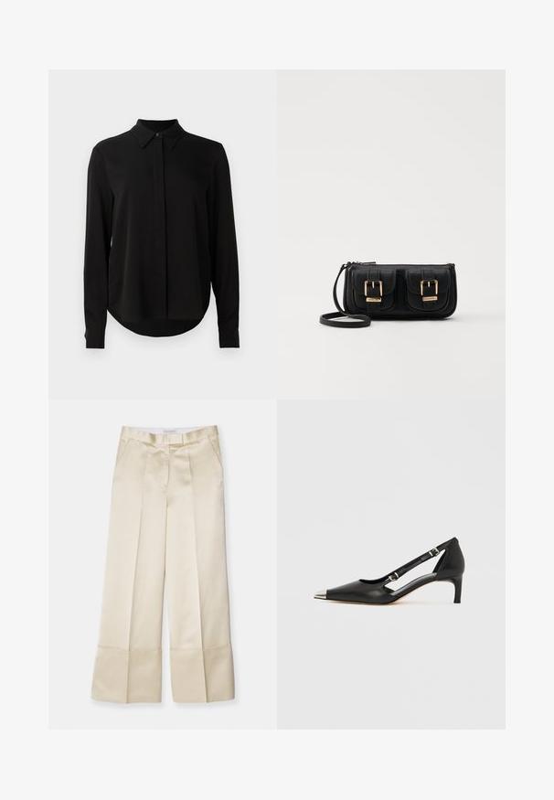 Zwarte blouse met lange mouwen, spitse kraag, verborgen knoopsluiting en afgeronde zoom tegen een eenvoudige witte achtergrond.; Beige wijde broek in gladde stof met een hoge tailleband, geplooide voorkant en omgevouwen zoom, met zijzakken en een nette afwerking.; Zwart leren kittenhak met puntige zilveren neus en dubbele gespsluitingen op een witte achtergrond.; Zwarte leren schoudertas met twee vo pockets, gouden gespen, ritsluiting en een smalle band. Tekstuur oppervlak en compacte rechthoekige vorm.