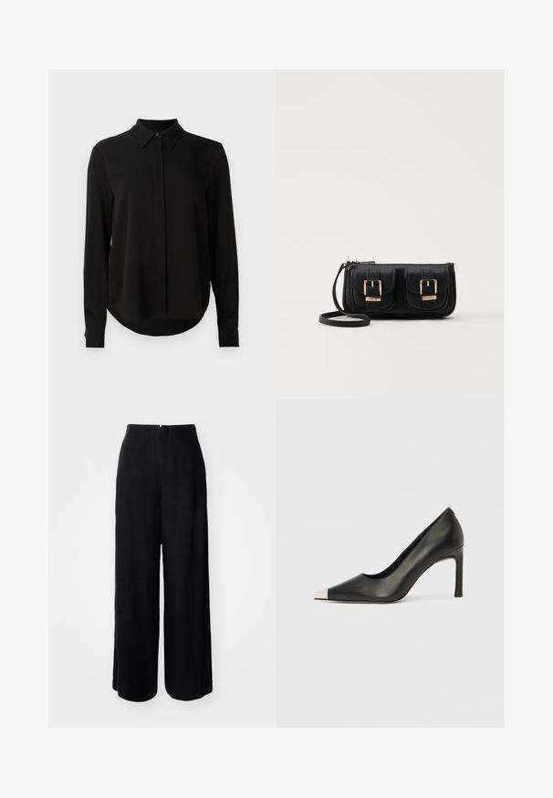 Zwarte blouse met lange mouwen, spitse kraag, verborgen knoopsluiting en afgeronde zoom tegen een eenvoudige witte achtergrond.; Zwarte wijde broek met een gladde textuur, hoge taille en geen zichtbare sluitingen. Kenmerkt zich door een strakke silhouet en een ontwerpen in volle lengte.; Zwarte leren hoge hak met een spits toelopende neus en een metalen zilverkleurige kap. Heeft een gladde afwerking en een slanke hak van 10 cm.; Zwarte leren schoudertas met twee vo pockets, gouden gespen, ritsluiting en een smalle band. Tekstuur oppervlak en compacte rechthoekige vorm.