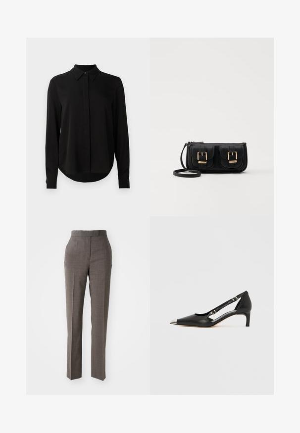 Blouse noire à manches longues avec col pointu, patte de boutonnage dissimulée et ourlet arrondi sur fond blanc uni.; Pantalons gris ajustés avec une jambe droite, tissu texturé, taille moyenne et deux poches avant. Pas de fermetures ni de motifs visibles.; Escarpin en cuir noir à petit talon en forme de kit avec embout pointu argenté et doubles sangles à boucle sur fond blanc.; Sac en cuir noir porté en travers avec deux poches avant, boucles dorées, fermeture zippée et une sangle fine. Surface texturée et forme rectangulaire compacte.