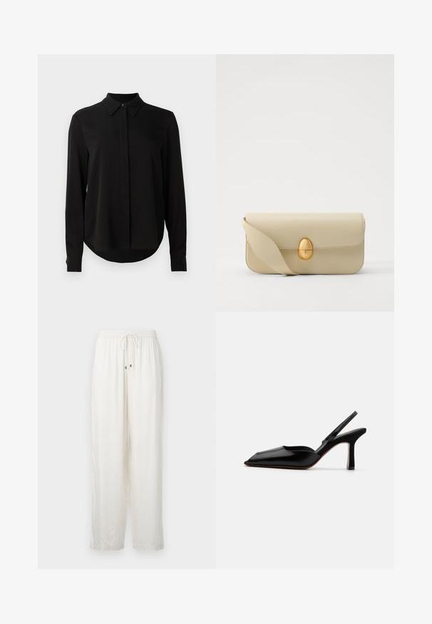 Black long-sleeve blouse with pointed collar, concealed button placket, and curved hem against a plain white background.; White, lightweight, loose-fitting pants with an elastic waist and drawstring. Features subtle sheen and straight leg design.; Black leather slingback heel with a pointed toe, minimalist design, thin ankle strap, and a sleek stiletto heel. Smooth texture.; Beige leather handbag with a smooth texture, rectangular shape, and a golden oval clasp. Features a long, adjustable strap.