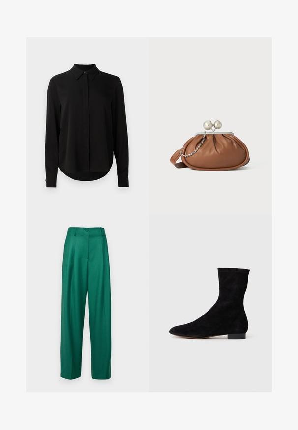 Blusa nera a maniche lunghe con colletto a punta, patta dei bottoni nascosta e orlo curvo su uno sfondo bianco semplice.; Pantaloni su misura verdi con vita alta, gamba larga, chiusura con un bottone e texture liscia, caratterizzati da pieghe frontali e senza tasche.; Stivale alla caviglia in suede nero con gambale aderente, punta affusolata e tacco a blocco basso. Texture liscia e design minimalista, adatto per uno stile versatile.; Pochette in pelle marrone con chiusura a sfera argentata e un piccolo dettaglio a catena argento su sfondo bianco.