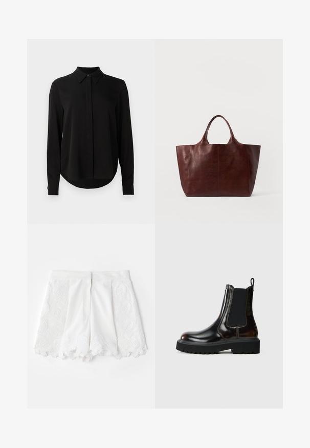 Schwarze Bluse mit langen Ärmeln, spitzem Kragen, verdeckter Knopfleiste und abgerundetem Saum vor einem schlichten weißen Hintergrund.; Weiße Shorts mit einem strukturierten bestickten Design an den Seiten und einem geschwungenen Saum. Glatter Stoff mit dekorativen Perlenakzenten.; Schwarze Leder-Chelsea-Boots mit elastischen Seitenpaneelen und einem Zugschlaufen. Dicke Gummisohle mit strukturiertem Profil. Glänzende Oberfläche.; Braune Leder-Umhängetasche mit glatter Textur, breitem Korpus und zwei kurzen Griffen. Verfügt über minimale Nähte, keine sichtbaren Beschläge oder Akzente.