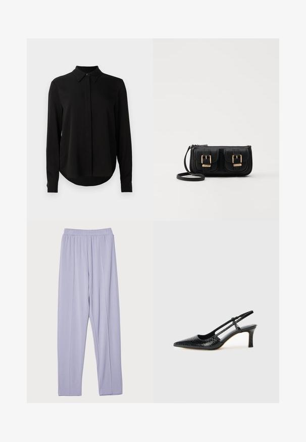 Black long-sleeve blouse with pointed collar, concealed button placket, and curved hem against a plain white background.; Light purple, elastic-waist, loose-fit trousers with a smooth texture and side pleats. Designed for comfort and ease of movement.; Black patent slingback heel with a pointed toe, featuring textured snake print, adjustable strap, and a short, textured block heel.; Black leather crossbody bag with two front pockets, gold buckles, zipper closure, and a slim strap. Textured surface and compact rectangular shape.