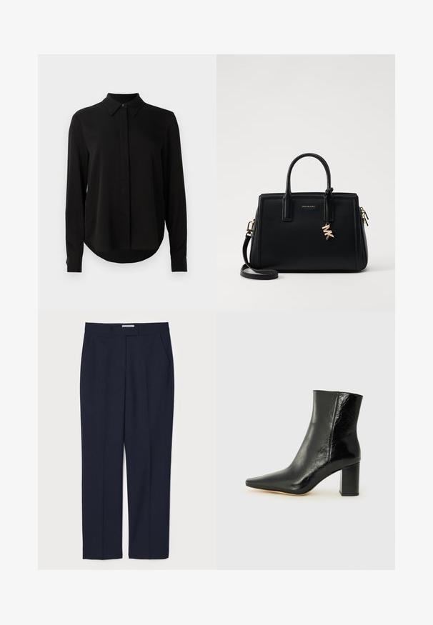 Mustat pitkähihaiset puserot, joissa on terävä kaulus, piilotettu nappilista ja kaareva helma yksinkertaista valkoista taustaa vasten.; Navy sininen räätälöity housut, jotka on valmistettu sileästä kankaasta. Housuissa on litteä etuosa, sivutaskut ja rakenteellinen vyötärö.; Musta nilkkuri kiiltävästä nahasta, jossa on terävä kärki ja paksu, neliömäinen korko. Sisältää sileän pinnan ja minimalistisen muotoilun.; Musta nahkalaukku, jossa on jämäkkä muotoilu, kaksinkertaiset ylätangot, irrotettava olkahihna, kultalevjät ja logokoru koristeena.
