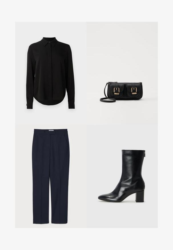 Crna bluzica dugih rukava s oštrim ovratnikom, skrivenim kopčanjem i zakrivljenim rubom na jednoj bijeloj pozadini.; Modre krojene hlače izrađene od glatke tkanine, s ravnim prednjim dijelom, bočnim džepovima i čvrstim pojasom.; Crne kožne gležnjače s oštrim vrhom i blok petom visokom 4 cm. Elegantni dizajn s bočnim patentnim zatvaračem za jednostavno obuvanje. Glatka tekstura.; Crna kožna torba preko ramena s dva prednja džepa, zlatnim kopčama, zatvaranjem na zip i uskim remenom. Teksturirana površina i kompaktan pravokutan oblik.