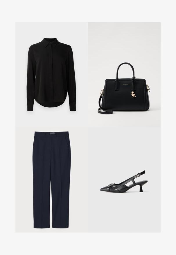 Fekete hosszú ujjú blúz hegyes gallérral, rejtett gombsorttal és ívelt aljjal egy sima fehér háttér előtt.; Sötétkék, testre szabott nadrág, sima anyagból készült, lapos elülső résszel, oldalsó zsebekkel és struktúrált derékrésszel.; Fekete bőr slingback cipő hegyes orral, dekoratív pántokkal, fém szemekkel és alacsony blokk sarkú. Texturált felület.; Fekete bőr kézitáska strukturált dizájnnal, dupla felső fogantyúkkal, levehető vállpánttal, arany színű fémrészletekkel és logómedál díszítéssel.