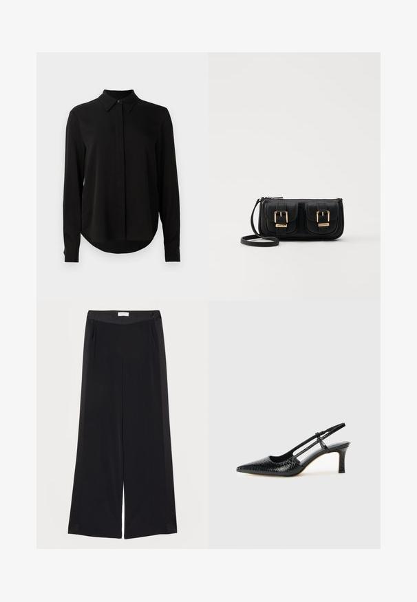 Blouse noire à manches longues avec col pointu, patte de boutonnage dissimulée et ourlet arrondi sur fond blanc uni.; Pantalons noirs à larges jambes en tissu lisse, dotés d'une taille plate, de plis et de poches latérales. Lignes épurées avec un minimum de détails.; Escarpin slingback en vernis noir avec un bout pointu, présentant un imprimé serpent texturé, une sangle réglable et un petit talon bloc texturé.; Sac en cuir noir porté en travers avec deux poches avant, boucles dorées, fermeture zippée et une sangle fine. Surface texturée et forme rectangulaire compacte.