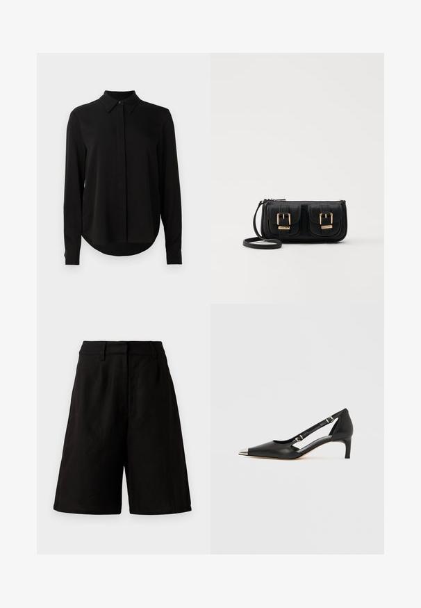 Mustmustärgne, pikkade varrukatega pluus terava kraega, varjatud nööpide ridadega ja kõverate servadega, valge tausta ees.; Mustad mustrit lahtise lõikega, valmistatud kergest kangast, millel on sile tekstuur. Omavad tasast vööd ja minimaalset detailide hulka.; Mustast nahast kassikontsaga king, millel on terava kujuga hõbedane nina ja topeltsõlmedega rihmad, valgel taustal.; Must küllastamata nahast õlakott, millel on kaks esist nähtavat taskut, kuldsed pandlad, tõmblukuga sulgemine ja peen rihm. Tekstuuriga pind ja kompaktne ristkülikukujuline kuju.