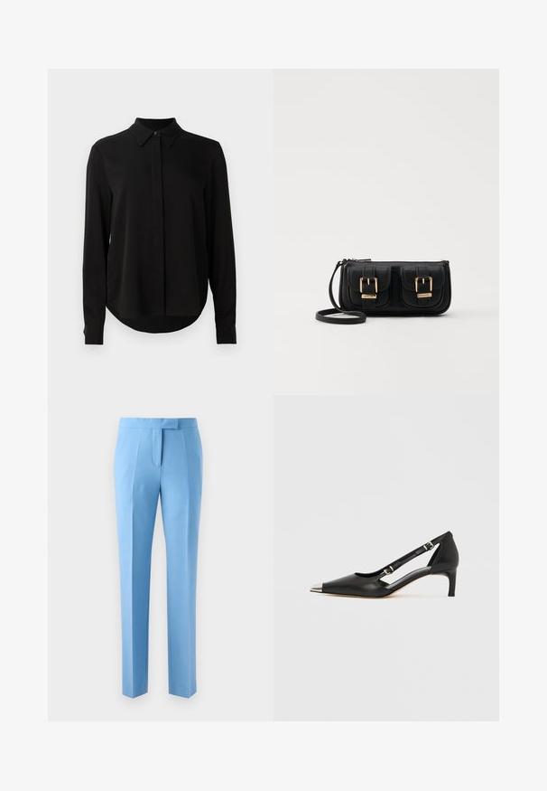 Zwarte blouse met lange mouwen, spitse kraag, verborgen knoopsluiting en afgeronde zoom tegen een eenvoudige witte achtergrond.; Lichtblauwe broek met een perfect passende snit, voorzien van een platte voorkant, zijzakken en een gladde textuur. Ontworpen met een strakke, moderne silhouet.; Zwart leren kittenhak met puntige zilveren neus en dubbele gespsluitingen op een witte achtergrond.; Zwarte leren schoudertas met twee vo pockets, gouden gespen, ritsluiting en een smalle band. Tekstuur oppervlak en compacte rechthoekige vorm.