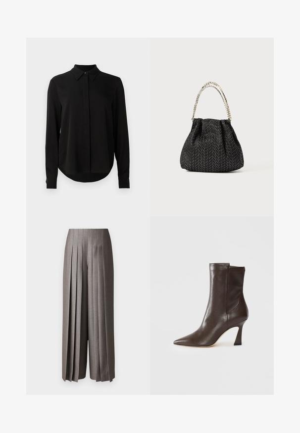 Blusa nera a maniche lunghe con colletto a punta, patta dei bottoni nascosta e orlo curvo su uno sfondo bianco semplice.; Pantaloni grigi a gamba larga con pieghe verticali, design su misura e texture liscia. Presentano una vita alta e una vestibilità ampia.; Stivale in pelle marrone scuro a metà polpaccio con punta affusolata, tacco slanciato curvato e finitura liscia su sfondo bianco.; Borsa nera in tessuto con un motivo a spina di pesce, design arricciato e manico in catena metallica. Il tessuto morbido offre un aspetto elegante.