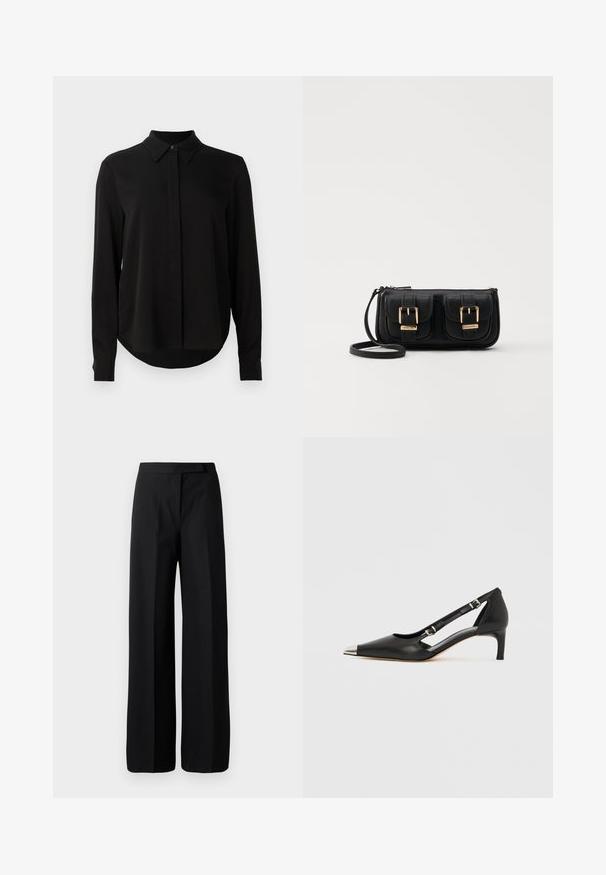 Zwarte blouse met lange mouwen, spitse kraag, verborgen knoopsluiting en afgeronde zoom tegen een eenvoudige witte achtergrond.; Wijde zwarte broek met een gladde, matte textuur. Plat tailleband zonder zichtbare hardware of patronen. Eenvoudig en elegant ontwerp.; Zwart leren kittenhak met puntige zilveren neus en dubbele gespsluitingen op een witte achtergrond.; Zwarte leren schoudertas met twee vo pockets, gouden gespen, ritsluiting en een smalle band. Tekstuur oppervlak en compacte rechthoekige vorm.