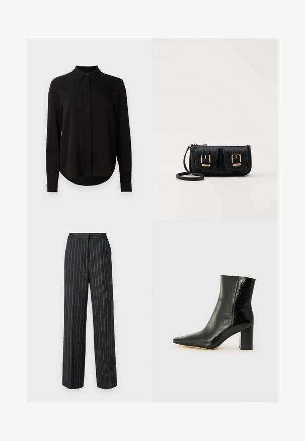 Černá halenka s dlouhým rukávem a špičatým límcem, skrytým zapínáním na knoflíky a zakřiveným lemem na jednobarevném bílém pozadí.; Tmavě šedé široké kalhoty s jemným proužkovaným vzorem, vyrobené z texturované látky. Mají rovný střih a klasický design pasu.; Černé kotníkové boty z lesklé kůže s špičatou špičkou a masivním, čtvercovým podpatkem. Vyznačují se hladkou texturou a minimalistickým designem.; Černá kožená crossbody taška se dvěma předními kapsami, zlatými přezkami, zipovým uzávěrem a štíhlým popruhem. Texturovaný povrch a kompaktní obdélníkový tvar.