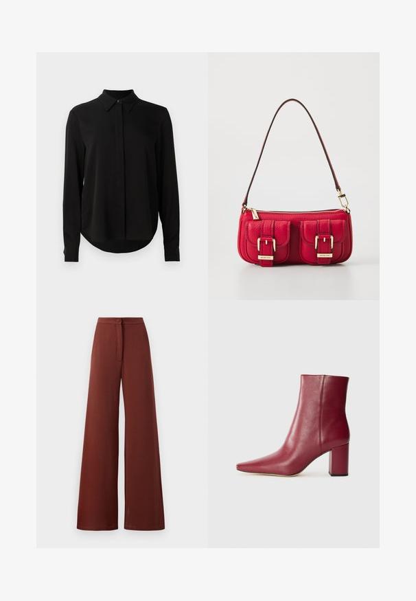 Fekete hosszú ujjú blúz hegyes gallérral, rejtett gombsorttal és ívelt aljjal egy sima fehér háttér előtt.; Sötétvörös anyagból készült, bővülő szárú nadrág gombos záródással és elől megkötős részlettel. Sima textúra és könnyed, áramló fazon jellemzi.; Bordó bőr bokacsizma hegyes orral, tömbsarkal és sima felülettel, látható hardver nélküli zökkenőmentes dizájnnal.; Piros bőr táska két elülső zsebbel, arany hardware-rel és cipzáras záródással. Ívelt vállpántja és texturált felülete van.