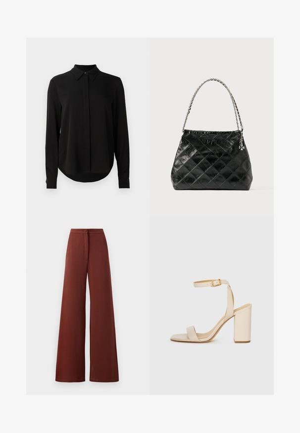Czarna bluzka z długim rękawem i spiczastym kołnierzykiem, z ukrytą plaketą guzikową oraz zaokrąglonym dołem na jednolitym białym tle.; Spodnie o szerokim kroju w ciemnoczerwonym kolorze, z zapięciem na guziki i detalem sznurowania z przodu. Gładka tekstura z luźnym fasonem.; Beżowe sandały na obcasie z kwadratowym noskiem, cienkim paskiem na kostce i słupkowym obcasem. Gładka skórzana faktura z detalem w postaci złotej klamry.; Czarna pikowana skórzana torebka na ramię z srebrnym łańcuszkiem, o usztywnionej konstrukcji i gładkiej fakturze.