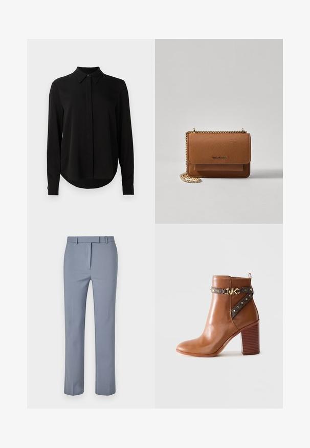 Schwarze Bluse mit langen Ärmeln, spitzem Kragen, verdeckter Knopfleiste und abgerundetem Saum vor einem schlichten weißen Hintergrund.; Helle blaue Hose aus glattem Stoff, mit flachem Vorderdesign, Gürtelschlaufen und einer taillierten Passform mit geraden Beinen.; Braunes Leder-Stiefelette mit gestapeltem Blockabsatz, seitlichem Riemen mit goldenen Nieten und einer goldenen "MK"-Logo-Schnalle.; Braune strukturierte Ledertasche mit goldener Kettenriemen und Klappenverschluss. Die Vorderseite zeigt ein Logo-Detail und eine Tasche unter der Klappe.