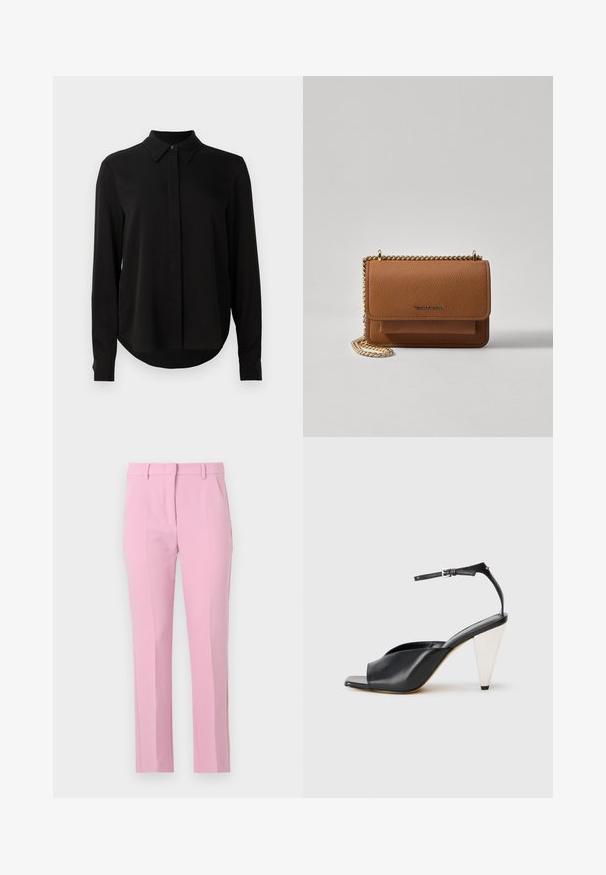 Black long-sleeve blouse with pointed collar, concealed button placket, and curved hem against a plain white background.; Pink tailored trousers with a smooth texture, featuring a mid-rise waist, two front pleats, and straight leg cut. No visible pockets.; Black leather high heel sandal with open toe, asymmetrical design, ankle strap, and a metallic cone-shaped heel. Smooth texture throughout.; Brown textured leather crossbody bag with gold chain strap and flap closure. Front features logo detail and a pocket under the flap.