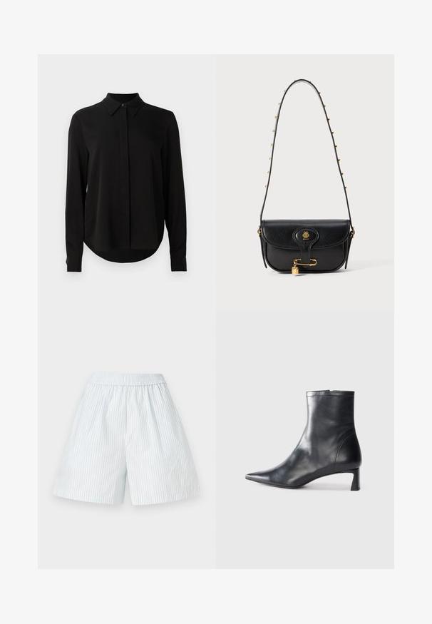 Juoda ilgomis rankovėmis blusa su smailiu apykakle, paslėptu mygtukų užsegimu ir kreivu hemu ant vientiso balto fono.; Šviesiai mėlyni dryžuoti šortai su elastinga juosta. Pagaminti iš lygaus audinio, turi vertikalius baltus dryžius ir laisvos formos dizainą.; Juodas odinis kulkšninis batas su smailiu pirštu ir elegantišku dizainu. Turi žemą kulną ir užtrauktuką gale. Lygi tekstūra.; Juodas odinis rankinis krepšys su struktūruotu dizainu, turintis auksinį logotipą, pakabinimo akcentą ir grandinėlėmis dekoruotą peties dirželį.