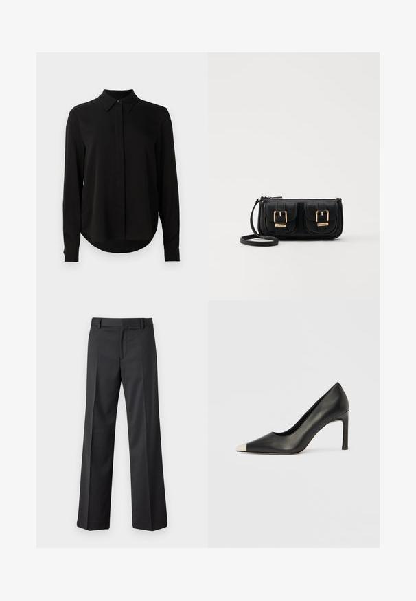 Zwarte blouse met lange mouwen, spitse kraag, verborgen knoopsluiting en afgeronde zoom tegen een eenvoudige witte achtergrond.; Zwarte, wijde broek van soepele stof. Voorzien van een tailleband met riemlussen en plooien aan de voorkant. Rechte snit tot de enkel.; Zwarte leren hoge hak met een spits toelopende neus en een metalen zilverkleurige kap. Heeft een gladde afwerking en een slanke hak van 10 cm.; Zwarte leren schoudertas met twee vo pockets, gouden gespen, ritsluiting en een smalle band. Tekstuur oppervlak en compacte rechthoekige vorm.