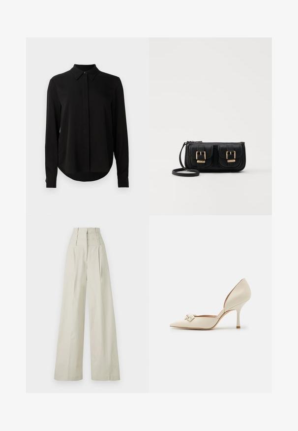 Black long-sleeve blouse with pointed collar, concealed button placket, and curved hem against a plain white background.; Beige wide-leg trousers made of smooth fabric, featuring a high waist with three horizontal bands, and front pleats.; Beige leather high-heeled pump with pointed toe, decorative bow detail, and a slender heel. Smooth texture with a glossy finish.; Black leather crossbody bag with two front pockets, gold buckles, zipper closure, and a slim strap. Textured surface and compact rectangular shape.