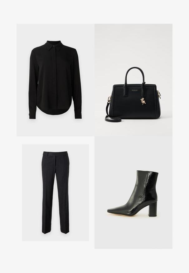 Juoda ilgomis rankovėmis blusa su smailiu apykakle, paslėptu mygtukų užsegimu ir kreivu hemu ant vientiso balto fono.; Juodi dryžuoti kelnių iš tekstūruoto audinio. Turi plokščią priekį, diržo kilpeles ir tiesias kojas. Nėra matomų detalių ar akcentų.; Juodos kulkšninių botai, pagaminti iš blizgaus odos, su smailiu nosiu ir storo kvadratinio kulno. Išsiskiria lygiu paviršiumi ir minimalizmo stiliumi.; Juodas odinis rankinė su struktūrizuotu dizainu, dviem viršutinėmis rankenėlėmis, nuimamu petiniu dirželiu, auksiniais akcentais ir logotipo pakabuku.