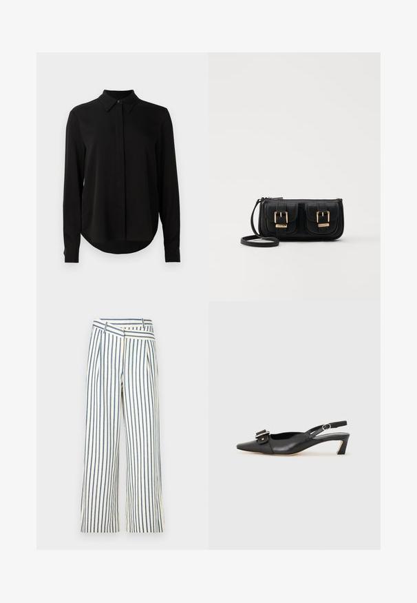 Svart langermet bluse med spiss krage, skjult knappestang og buet kant mot en enkel hvit bakgrunn.; Stripete vide bukser i krem og marineblå, med en plissert design og en unik skrå livlinje. Laget av et lett stoff.; Svarte skinn slingback-sko med spiss tå, liten hæl og dekorativ spenne-detalj på overdelen. Glatt tekstur, minimalistisk design.; Svart skinn crossbody veske med to frontlommer, gyldne spenner, glidelåslukking og en slank stropp. Teksturert overflate og kompakt rektangulær form.