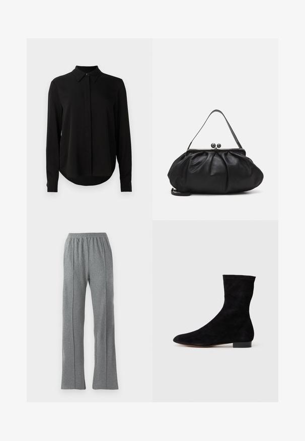 Schwarze Bluse mit langen Ärmeln, spitzem Kragen, verdeckter Knopfleiste und abgerundetem Saum vor einem schlichten weißen Hintergrund.; Graue Jogginghosen mit elastischem Bund, mit geradem Beinschnitt und dezenten Seitennähten. Hergestellt aus weichem, strukturiertem Stoff.; Schwarze Wildleder-Ankelboots mit einem enganliegenden Schaft, spitzer Zehenform und niedrigem Blockabsatz. Glatte Textur und minimalistisches Design, geeignet für vielseitige Styles.; Schwarze Lederhandtasche mit einer runden, gefalteten Form. Verfügt über einen metallischen Verschluss mit zwei dekorativen Kugeln und einem schmalen, abnehmbaren Tragegurt.