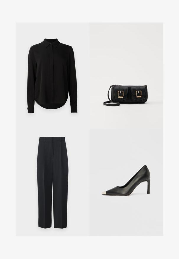 Sort langærmet bluse med spidse krave, skjult knaplukning og buet undertal mod en ensfarvet hvid baggrund.; Weekend Max Mara RONCHI - Bukser - blu; Sort læder højhælet sko med spids tå og metal-sølv hætte. Har en glat finish og en slank hæl på 10 cm.; Sort læder crossbody taske med to frontlommer, guldspænder, lynlåslukning og en slank rem. Struktureret overflade og kompakt rektangulær form.