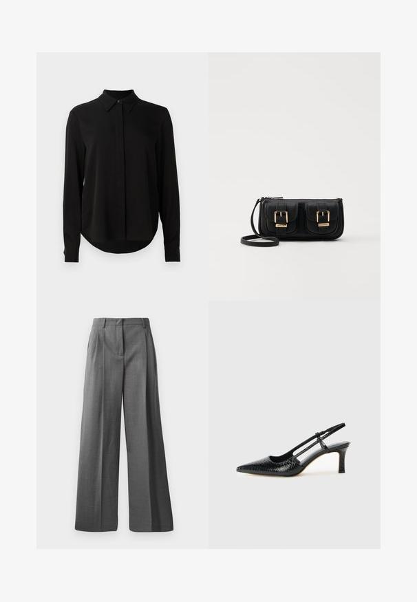 Blouse noire à manches longues avec col pointu, patte de boutonnage dissimulée et ourlet arrondi sur fond blanc uni.; Pantalons larges gris en tissu texturé avec un motif discret. Présente des plis sur le devant et une ceinture avec passants.; Escarpin slingback en vernis noir avec un bout pointu, présentant un imprimé serpent texturé, une sangle réglable et un petit talon bloc texturé.; Sac en cuir noir porté en travers avec deux poches avant, boucles dorées, fermeture zippée et une sangle fine. Surface texturée et forme rectangulaire compacte.
