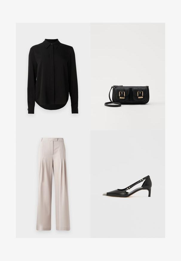 Zwarte blouse met lange mouwen, spitse kraag, verborgen knoopsluiting en afgeronde zoom tegen een eenvoudige witte achtergrond.; Beige wijde broek met een zachte textuur, geplooide voorkant en een op maat gemaakte tailleband. Geschikt voor formele of casual gelegenheid.; Zwart leren kittenhak met puntige zilveren neus en dubbele gespsluitingen op een witte achtergrond.; Zwarte leren schoudertas met twee vo pockets, gouden gespen, ritsluiting en een smalle band. Tekstuur oppervlak en compacte rechthoekige vorm.