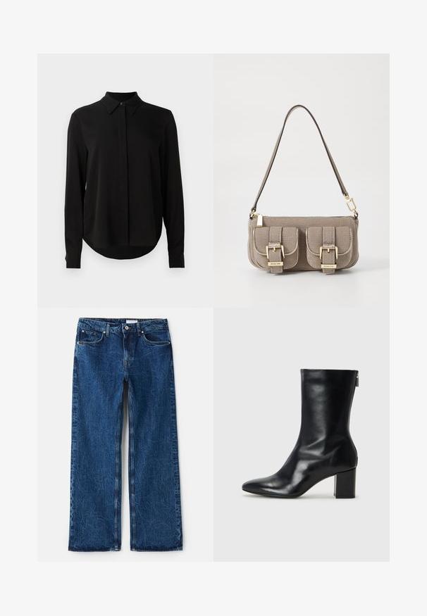 Melna garo piedurkņu blūze ar norādītu apkakli, slēptu pogu aizdari un izliekta apakšmala uz vienkārša balta fona.; Platas kāju džinsi tumši zilā denima ar teksturētu apdari, ar piecām kabatām, metāla kniedēm un pogu aizdari.; Melna ādas potītes zābaks ar norādītu purngalu un 4 cm bloku papēdi. Gluds dizains ar sānu rāvējslēdzēju vieglai uzvilkšanai. Gluda tekstūra.; Bežs teksturēts roku soma ar regulējamu siksnu, divas priekšējās kabatas, kas aizveras ar sprādzēm, un zelta aksesuāriem. Augšā ar rāvējslēdzēja aizdari.