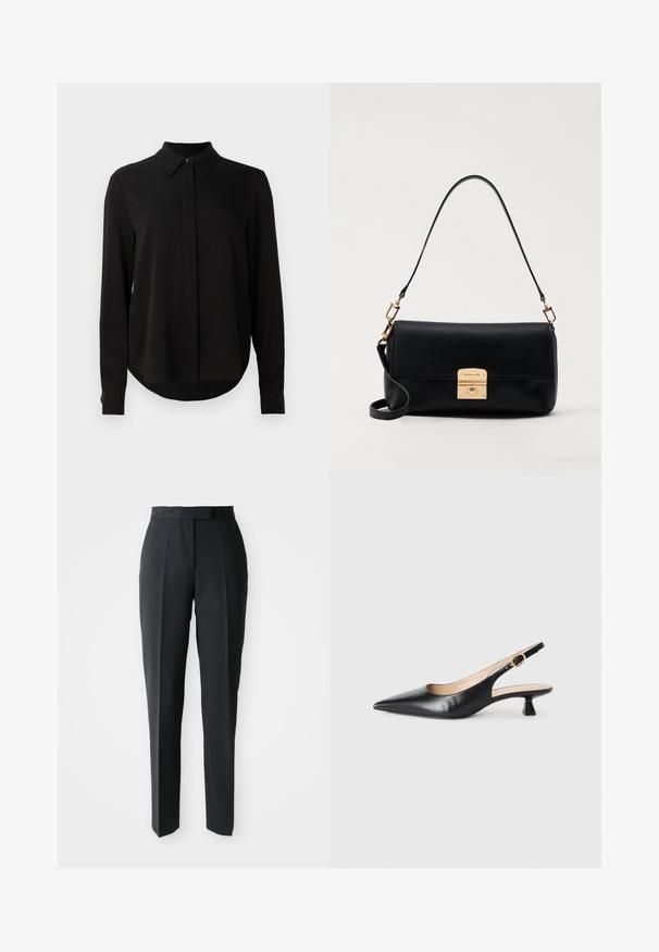 Blouse noire à manches longues avec col pointu, patte de boutonnage dissimulée et ourlet arrondi sur fond blanc uni.; Pantalons noirs ajustés à jambes droites avec taille haute et plis avant, présentés sur un fond clair.; Chaussure à talon kitten en cuir noir, à lanière arrière, avec un bout pointu et une boucle dorée sur la sangle latérale, sur fond blanc.; Sac à main en cuir noir avec une forme rectangulaire plate, quincaillerie dorée et une poignée supérieure. Présente une fermeture à clasp et un détail de logo signature.