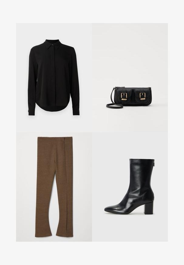 Mustat pitkähihaiset puserot, joissa on terävä kaulus, piilotettu nappilista ja kaareva helma yksinkertaista valkoista taustaa vasten.; Ruskeat ruudulliset löysät housut, joissa on teksturoitu kangas, korkea vyötärö ja vetoketjukiinnitys sivussa.; Musta nahkainen nilkkuri, jossa on terävä kärki ja 4 cm:n lohkokorko. Tyylikäs muotoilu sisältää sivuvetoketjun helppoa pukeutumista varten. Siro pinta.; Musta nahkainen olkalaukku, jossa on kaksi etutaskua, kultaiset soljet, vetoketjukiinnitys ja kapea hihna. Teksturoidun pinnan ja kompaktin suorakaiteen muoto.