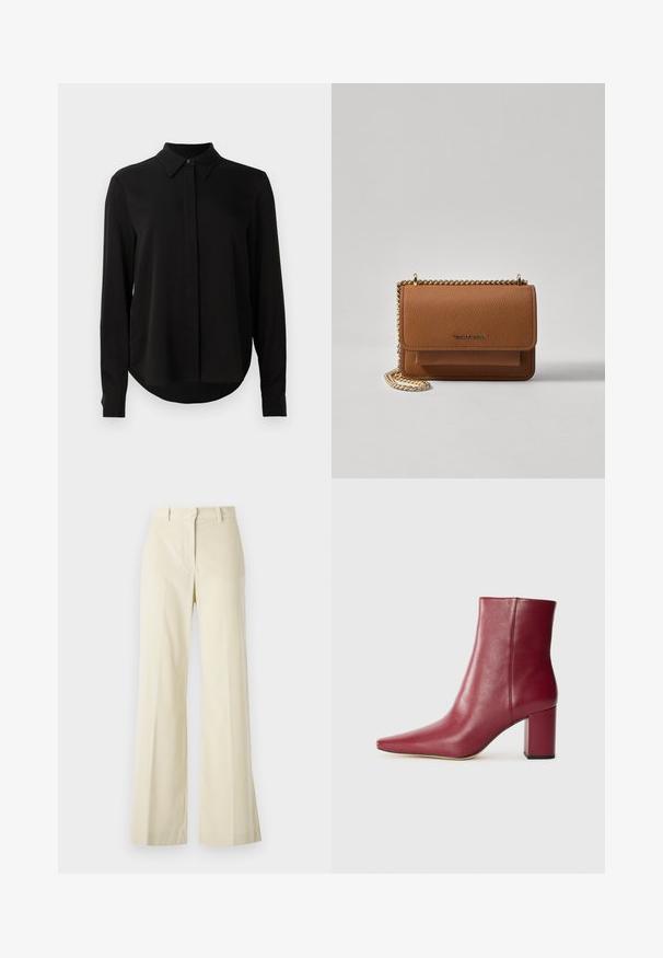 Zwarte blouse met lange mouwen, spitse kraag, verborgen knoopsluiting en afgeronde zoom tegen een eenvoudige witte achtergrond.; WEEKEND MaxMara TANIA - Broek - off white; Bordeaux leren enkelboot met een spitse neus, blokhak en een gladde textuur, uitgevoerd in een naadloos ontwerp zonder zichtbare hardware.; Bruine lederen schoudertas met textuur, voorzien van een gouden kettingstrap en klepsluiting. De voorkant heeft een logo-detail en een zak onder de klep.