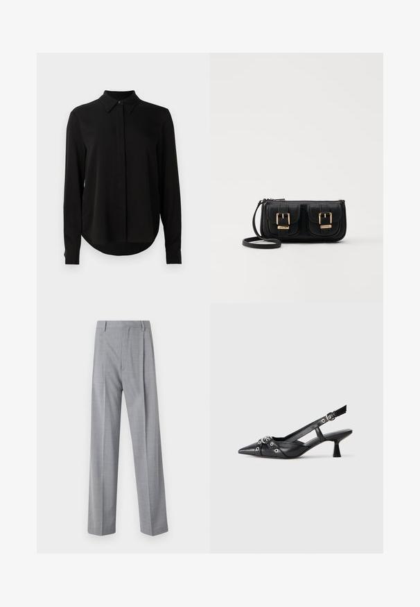 Melna garo piedurkņu blūze ar norādītu apkakli, slēptu pogu aizdari un izliekta apakšmala uz vienkārša balta fona.; Pelēki, viegli bikses ar pielāgotu piegriezumu, kas raksturīgas ar gludu tekstūru, smalku rakstu un divām priekšējām krokām, lai pievienotu papildu detaļas.; Melnas ādas šlipsveida kurpes ar norādītu purngalu, dekoratīvām joslām ar metāla acīm un zemu bloku papēdi. Teksturēta virsma.; Melnas ādas crossbody soma ar divām priekšējām kabatām, zelta sprādzēm, ar rāvējslēdzēju aizdari un šauru siksnu. Strukturēta virsma un kompakta taisnstūra forma.