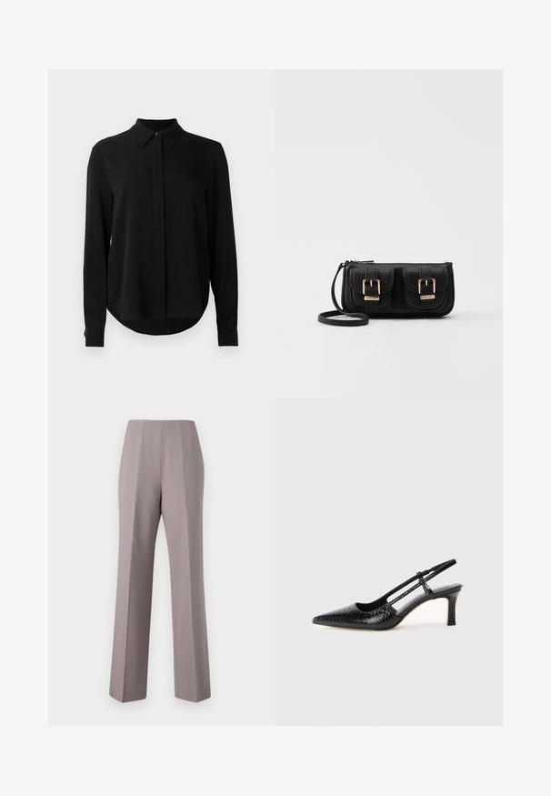 Mustat pitkähihaiset puserot, joissa on terävä kaulus, piilotettu nappilista ja kaareva helma yksinkertaista valkoista taustaa vasten.; Harmaat muotoillut housut korkealla vyötäröllä, leveillä lahkeilla ja terävillä etutaitteilla. Valmistettu sileästä kankaasta, jossa on siistit reunat ja ei näkyvää metalliosaa.; Musta patent slingback-kiilakorko teräväkärkisellä muotoilulla, jossa on teksturoitu käärmeennahkakuosi, säädettävä remmi ja lyhyt, teksturoitu blokkiheel.; Musta nahkainen olkalaukku, jossa on kaksi etutaskua, kultaiset soljet, vetoketjukiinnitys ja kapea hihna. Teksturoidun pinnan ja kompaktin suorakaiteen muoto.