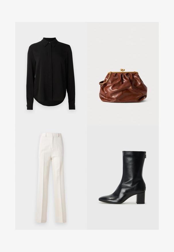 Blusa nera a maniche lunghe con colletto a punta, patta dei bottoni nascosta e orlo curvo su uno sfondo bianco semplice.; Pantaloni bianchi a gamba larga con una texture liscia, caratterizzati da pieghe frontali e una vita classica, progettati per un aspetto elegante.; Stivale alla caviglia in pelle nera con punta affusolata e tacco a blocco di 4 cm. Design elegante con cerniera laterale per una facile calzata. Tessuto liscio.; Borsa a mano in pelle marrone con chiusura dorata e manico a catena corto dorato, caratterizzata da una morbida texture arricciata su sfondo bianco.
