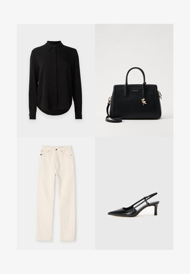 Black long-sleeve blouse with pointed collar, concealed button placket, and curved hem against a plain white background.; White denim jeans with a straight cut, five-pocket design, and visible stitching. Features a button and zipper closure, with branded tag detail.; Black patent slingback heel with a pointed toe, featuring textured snake print, adjustable strap, and a short, textured block heel.; Black leather handbag with structured design, dual top handles, detachable shoulder strap, gold hardware, and a logo charm accent.