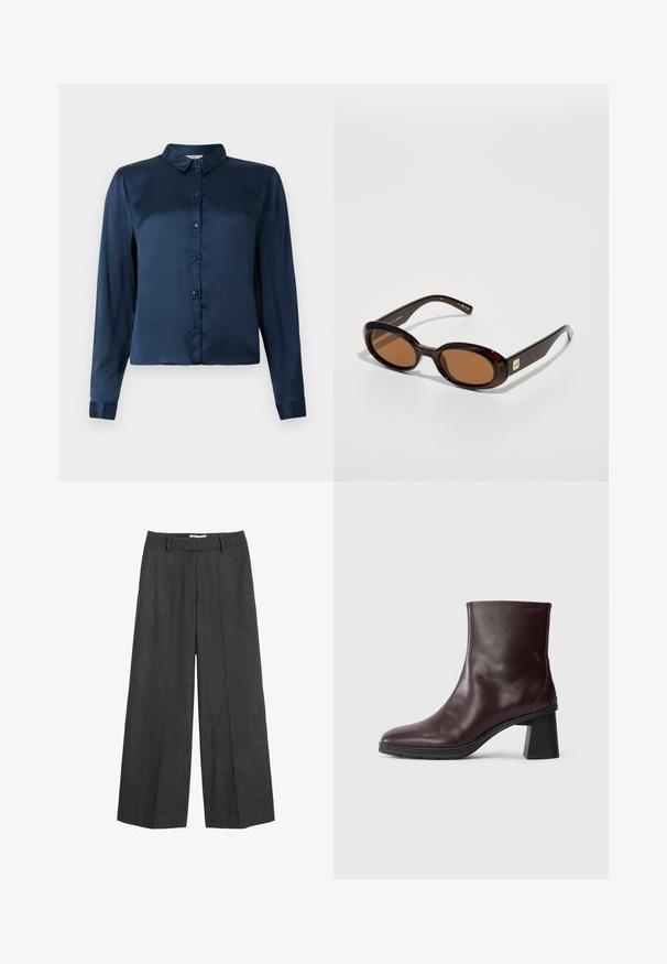 Námornícky modrá košeľa s dlhým rukávom vyrobená z hladkého saténu, s golierom a zapínaním na gombíky. Jednoduchý dizajn, bez vzorov alebo akcentov.; Široké nohavice v tmavošedej tkanine. Obsahujú priliehavý pás so slučkami na opasok, hladkú textúru a minimálne vyšívané detaily.; Tmavohnedé kožené členkové topánky s blokovým podpätkom a okrúhlou špičkou, vystavené na jednoduchom svetlošedom pozadí.; Hnedé korytnačie slnečné okuliare s oválnymi šošovkami, ktoré majú tenký rám a malý kovový akcent na strane. Textúrovaný a lesklý povrch.; Tommy Hilfiger LIBRE FLAP CROSSOVER - Taška cez plece - deep rouge