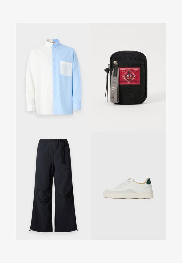 Krekls ar pogām, kuram ir pusē balta, pusē gaiši zila krāsu shēma. Izgatavots no kokvilnas ar kabatu uz gaiši zilās puses.; Melnie platās bikses, izgatavotas no viegla auduma, ar jostu jostasvietā, priekšējām kabatām un regulējamiem apmalēm ar siksnām.; Baltas sneakers ar zamša akcentiem, noapaļota purngala, plakaniem auklām un krēmkrāsas gumijas zoli. Ar zaļu zīmolu uz papēža.; Melns maisiņš ar teksturētu audumu, ar sarkano ielāpu ar logo, ar rāvējslēdzēju un pelēku siksnu ar iegravētu zīmola nosaukumu.