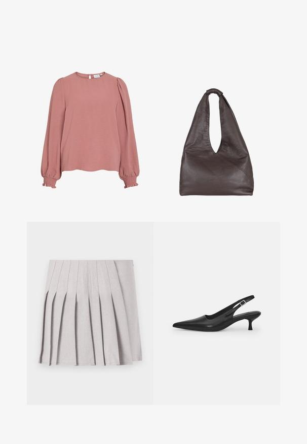 Damastrose långärmad topp i texturerat material. Har en rund halsringning, insydda puffärmar och smockade ärmslut. Knäppning bak.; Grå plisserad kjol med en slät textur, som har flera vertikala veck och en åtsittande midja. Tillverkad av lättviktig tyg.; Svart läder slingback-sandalett med spetstopp och en smal, böjd klack. Har ett diskret justerbart rem med en metallspänne.; Brun läderväska med en slapp, överdimensionerad design. Har ett ögla-handtag och en djup V-skuren öppning för enkel åtkomst. Mjuk textur, minimalistisk stil.