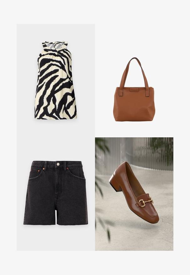 Črna in krem brezrokavna majica z zebrovim vzorcem, ki ima nabralne detajle na izrezanju in gumbasto zapiranje na hrbtu.; Črne jeanske kratke hlače z visokim pasom, sprednjimi žepi, bakrenimi zakovicami in gumbom za zapiranje. Imajo gladko teksturo in ravno krojenje hlačnic.; Rjavi lakirani loafer z kvadratnim nosom, kovinsko verigo kot okrasom in nizko blok podplatom; gladka tekstura, minimalističen dizajn.; Rjava usnjena torba s trakovi, ki sta trdna, z grobo teksturo in kontrastnim črnim šivom. Preprosta pravokotna oblika.